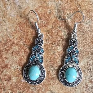 BLUE HOWLITE  RHINESTONE SILVER BOHO SWING EARRINGS
